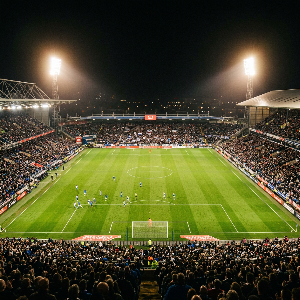 Soccer match being played under stadium floodlights with full spectator stands